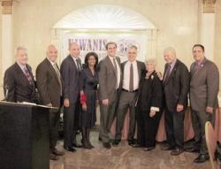 (L. to r.); Past President Dr. Arthur Gualtieri (presenter), Councilmember Paul Vallone, Quontic Bank Regional Vice President Michael A. Serao (Community Person of the Year), Community Relations and Volunteer Services Director for Mount Sinai Queens Ana Rodriguez (Woman of the Year), state Senator Michael Gianaris, George Halvatzis of Halvatzis Realty (Man of the Year), Linda Perno, former City Council Speaker Peter Vallone Sr. and Councilmember Costa Constantinides. Photo Chris Pizzolo 
